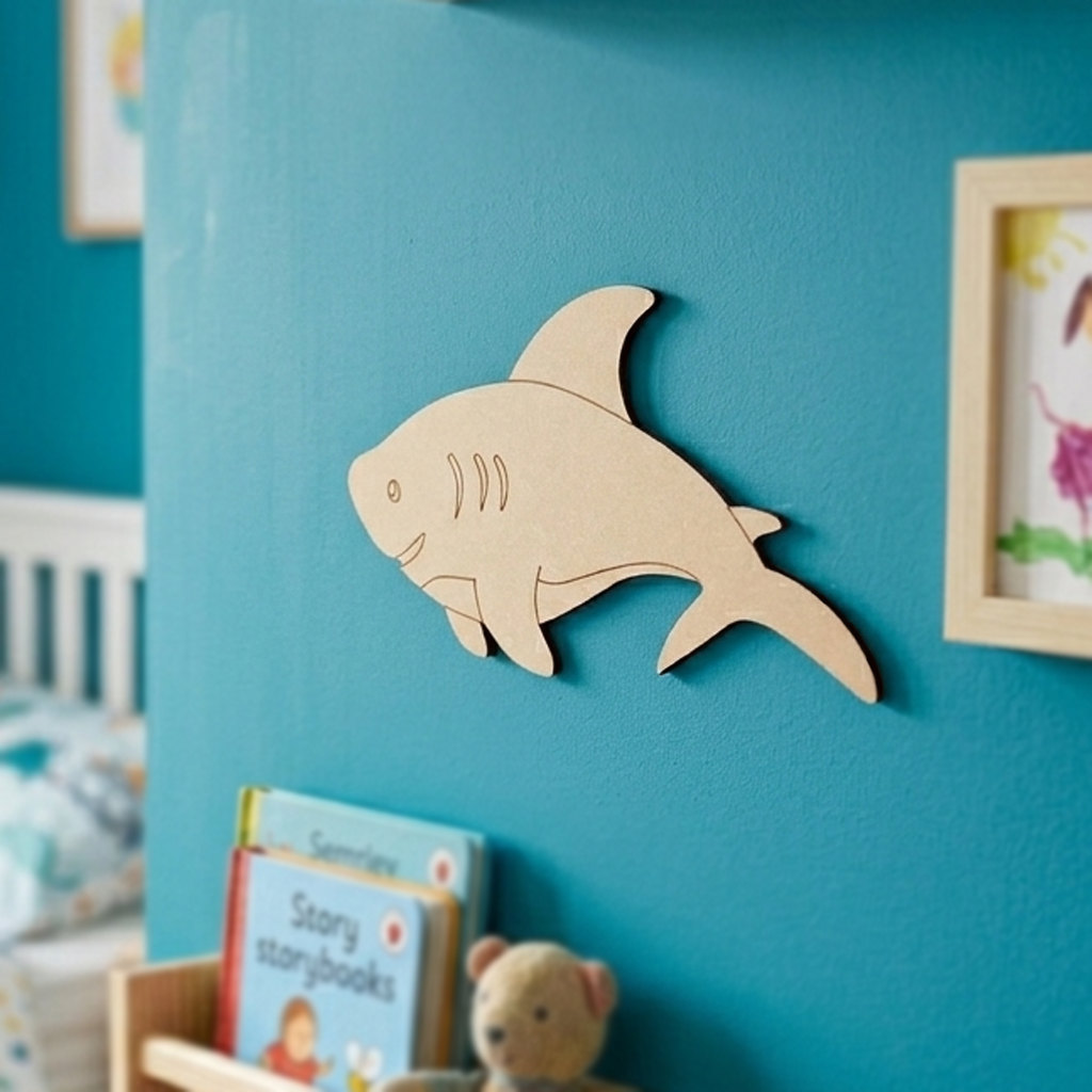 DIY MDF  shark decoration on a blue wall in a child's room with books and toys.