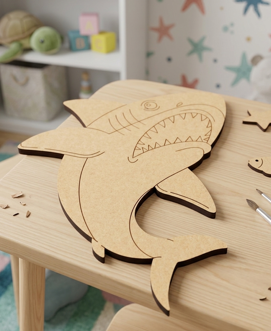 DIY MDF  shark puzzle on a table with a colorful starfish pattern in the background