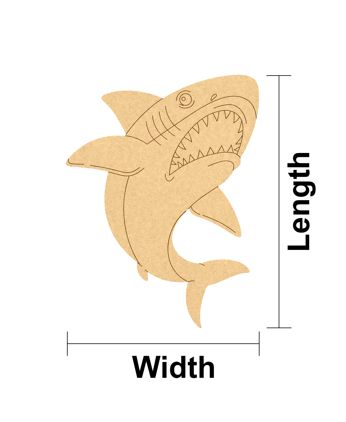 DIY MDF  shark-shaped cutout with measurements labeled on a white background