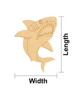 DIY MDF  shark-shaped cutout with measurements labeled on a white background