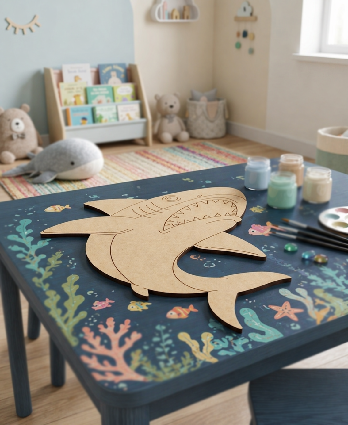 Children's room with a table featuring a DIY MDF shark cutout and art supplies.