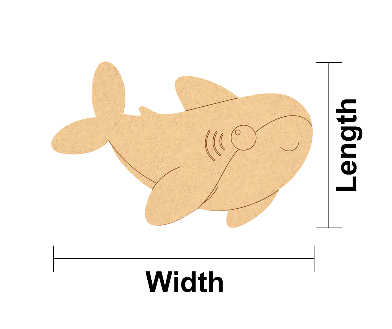 DIY MDF  shark-shaped cutout with measurements labeled on a white background