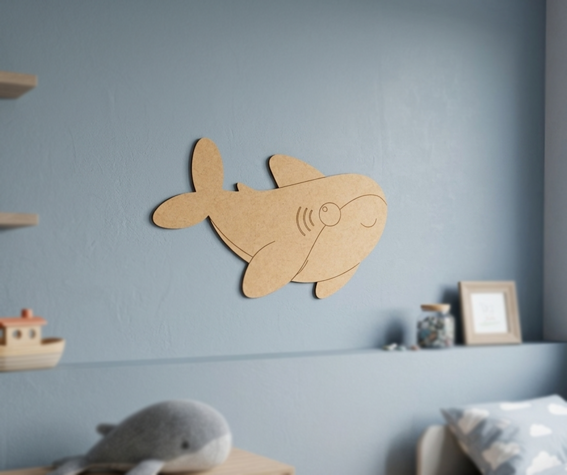 DIY MDF  shark wall decoration on a blue wall with toys and a picture frame in the background.