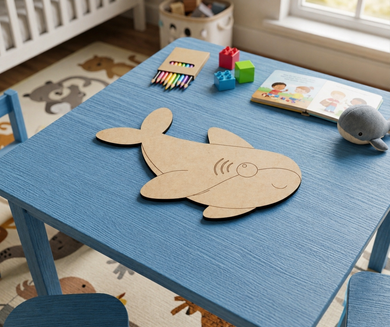 Children's play area with a blue table, DIY MDF shark-shaped mat, and toys on a carpeted floor.