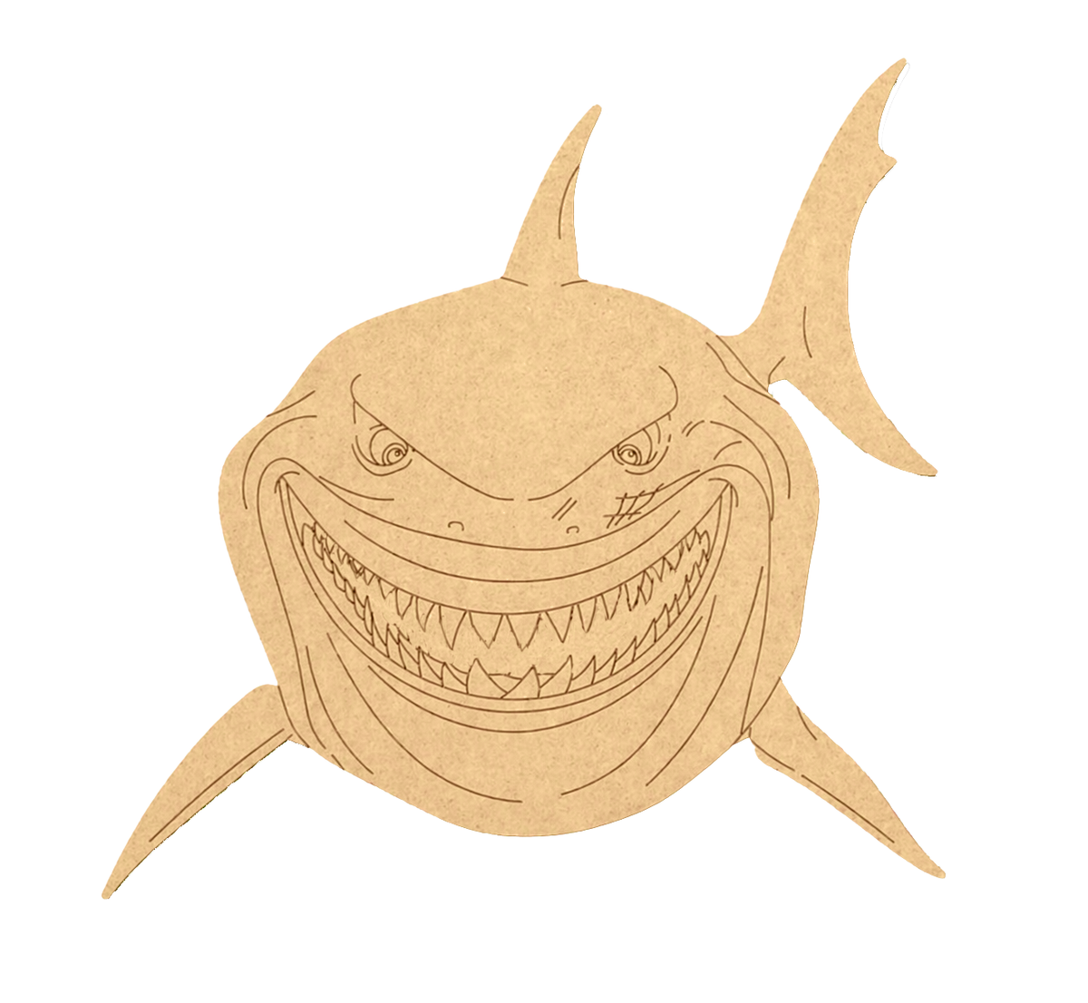 DIY MDF  shark cutout with a menacing expression on a white background