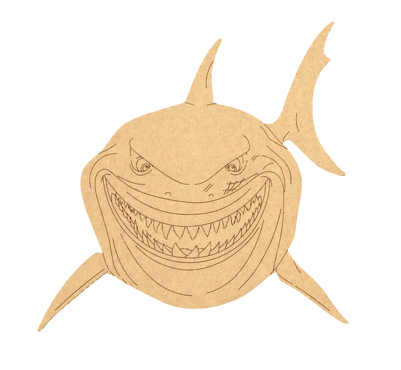 DIY MDF  shark cutout with a menacing expression on a white background