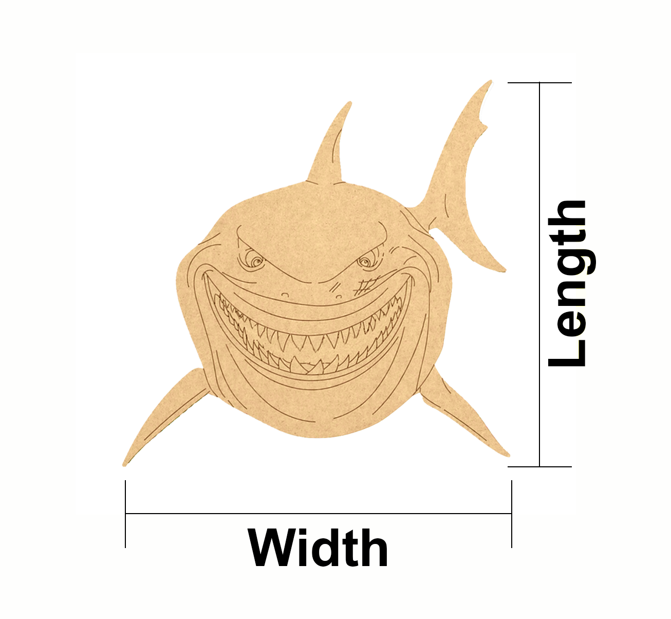 DIY MDF  shark-shaped cutout with measurements labeled on a white background