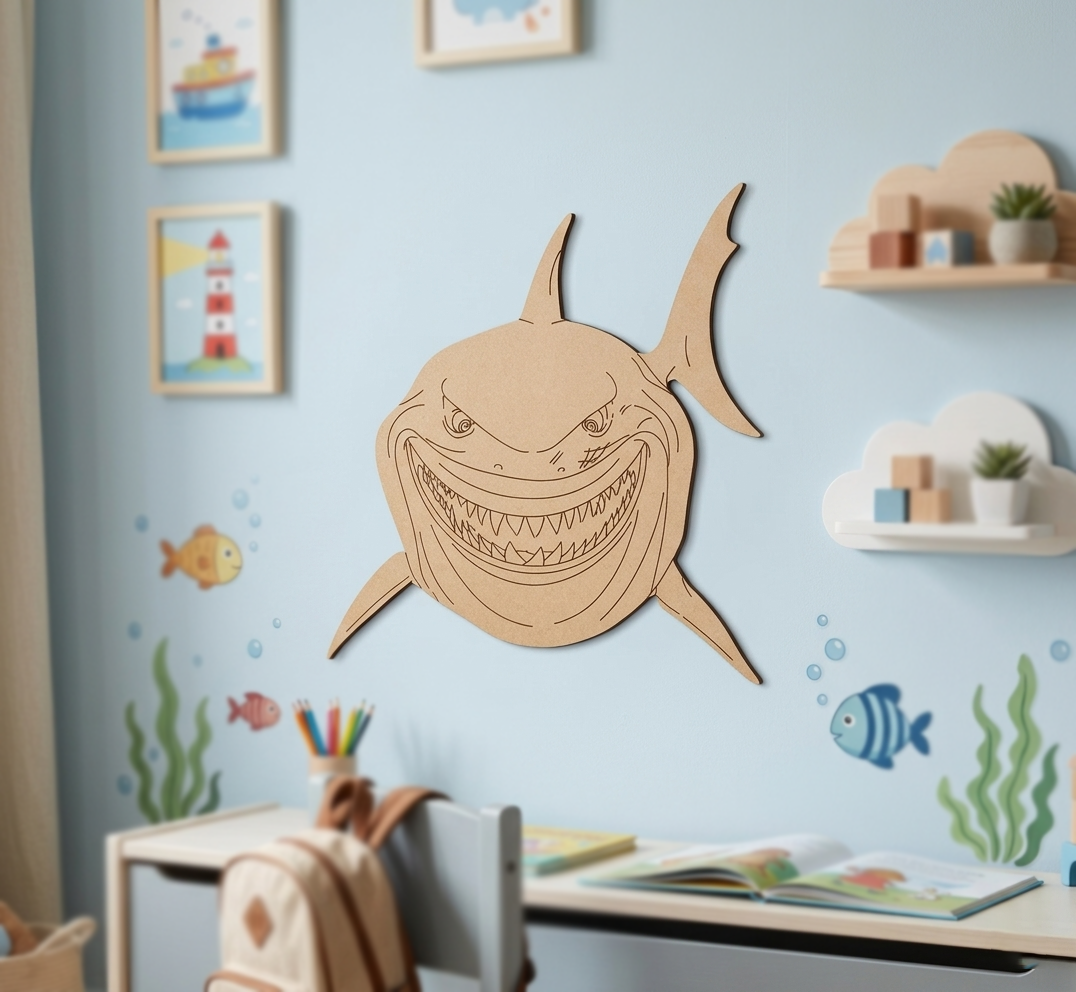 DIY MDF  shark wall decoration in a child's room with a desk and wall art.