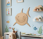 DIY MDF  shark wall decoration in a child's room with a desk and wall art.