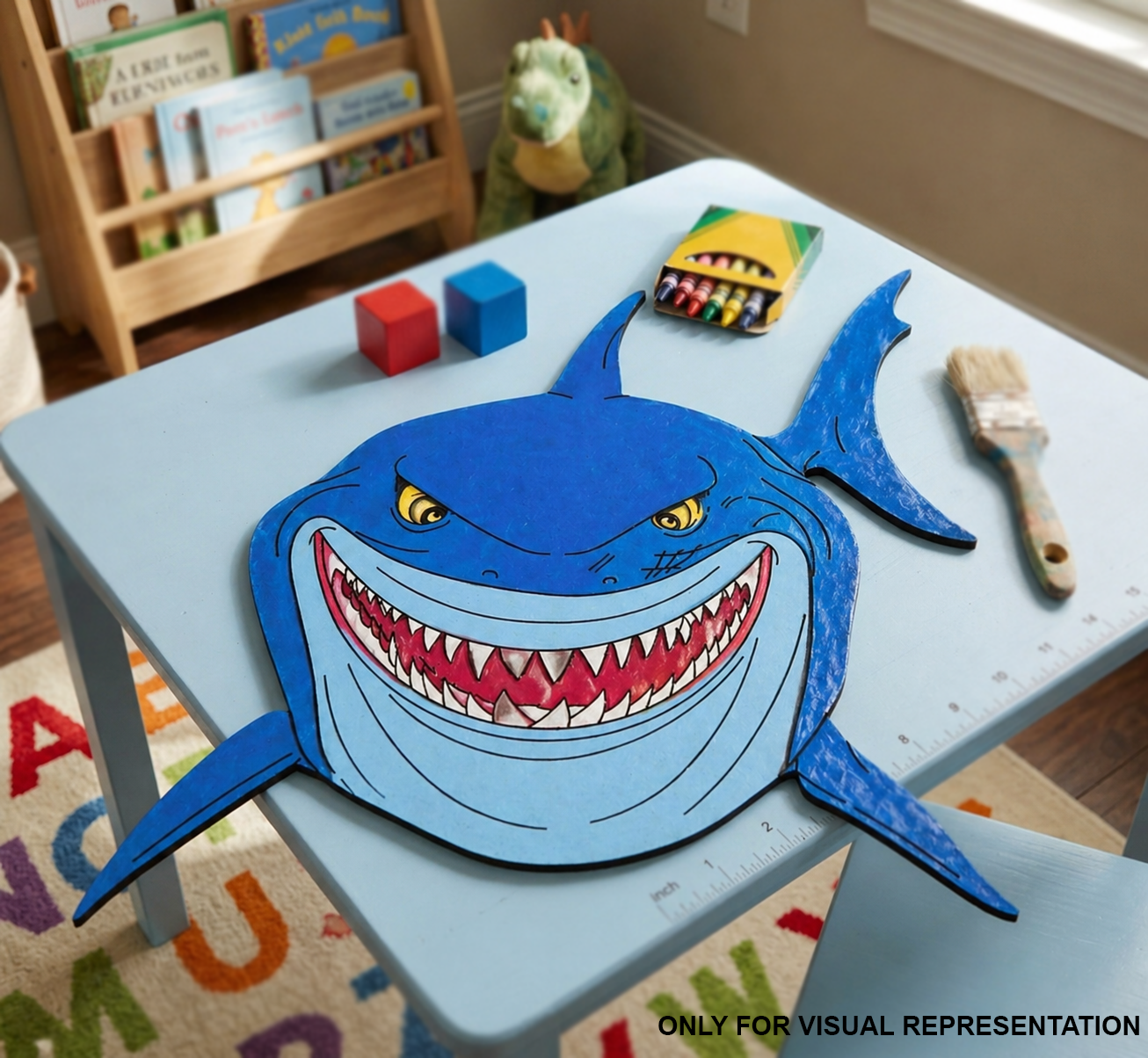 Children's play area with a DIY MDF shark-shaped cutout on a table, surrounded by toys and books.