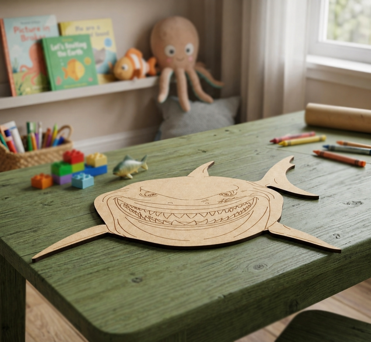 DIY MDF shark craft on a table with children's toys and books in the background