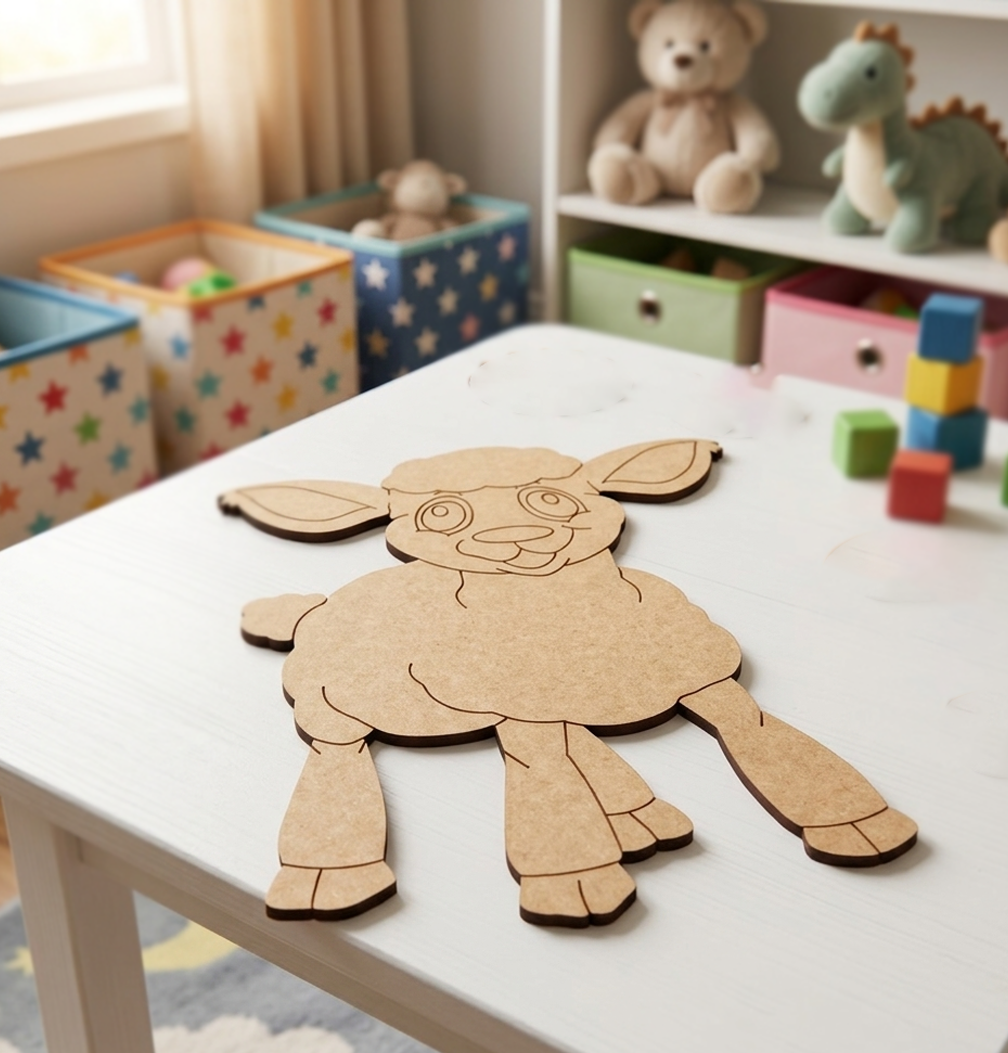 DIY MDF  sheep cutout on a table in a child's playroom with toys in the background