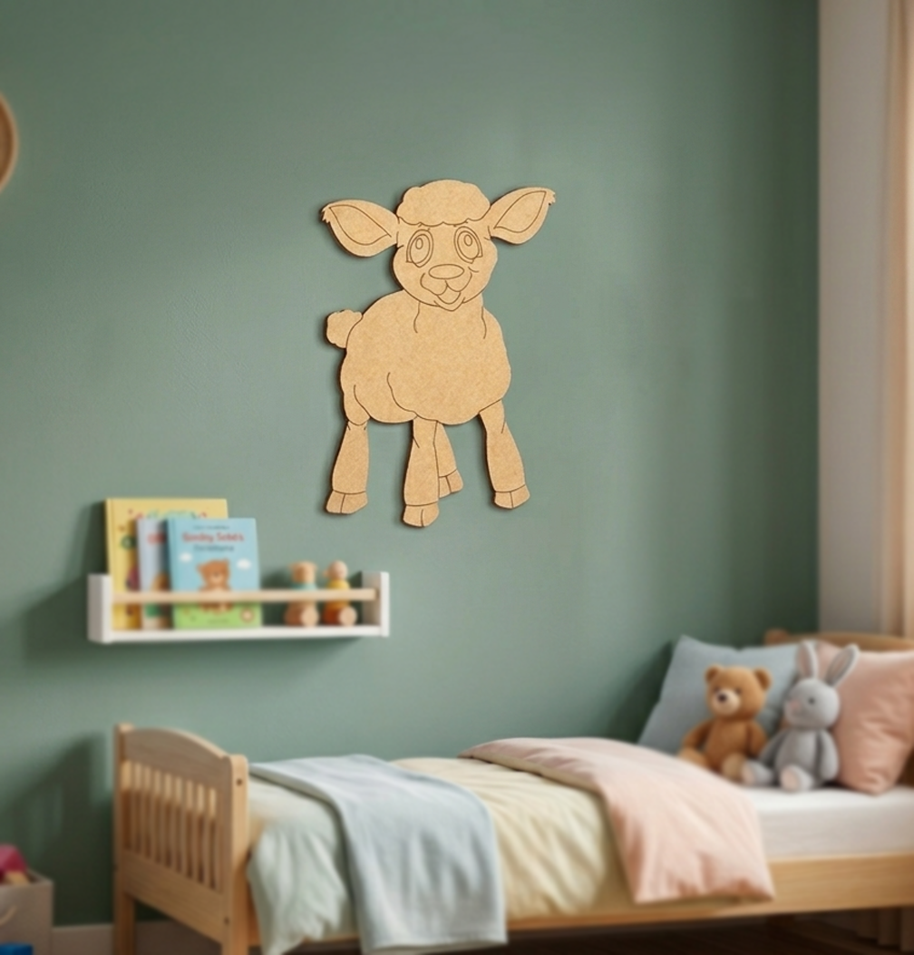 Children's room with a DIY MDF  sheep wall decal on a green wall, bed with pillows and toys, and bookshelf.