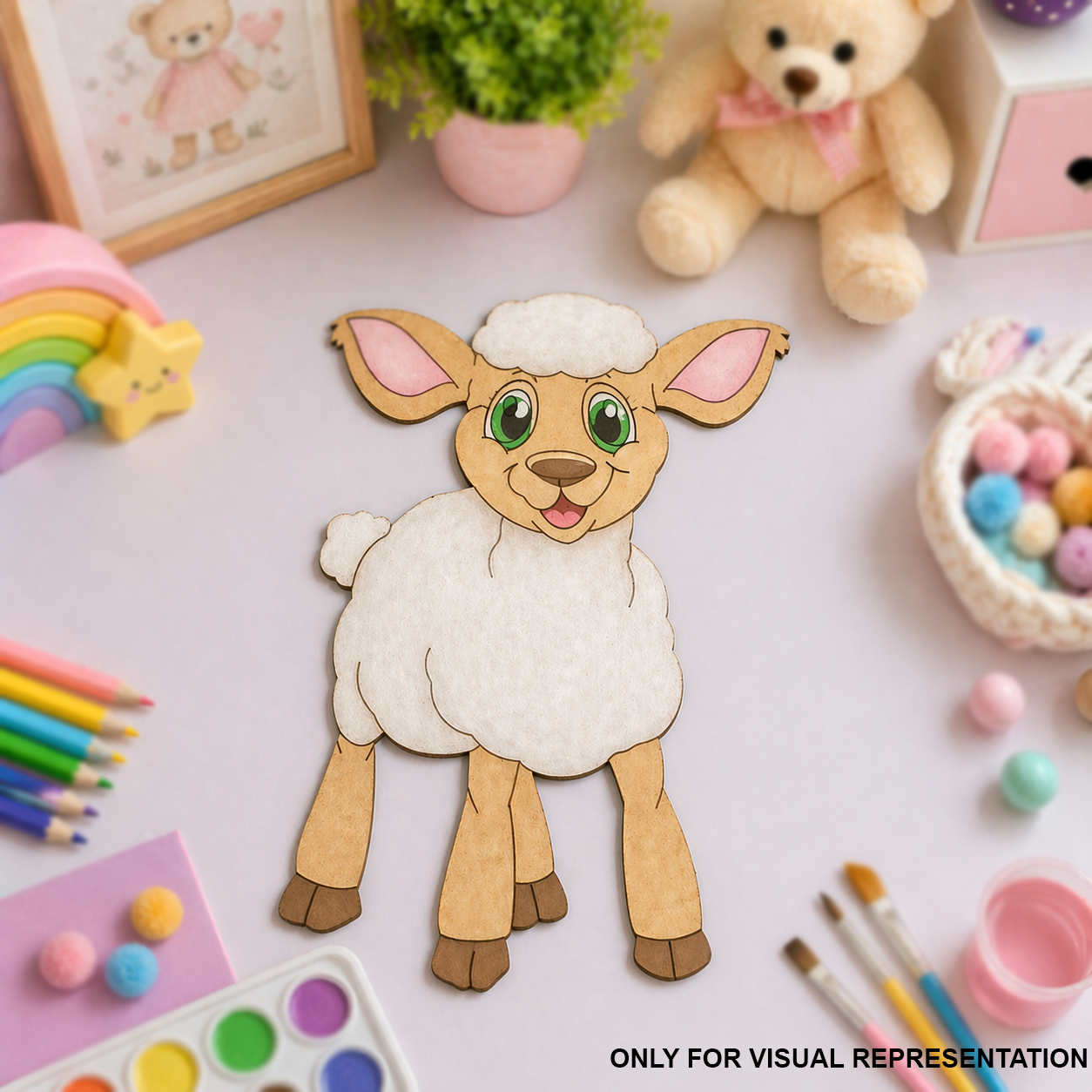 Colorful DIY MDF cutout of a lamb surrounded by art supplies on a light surface.