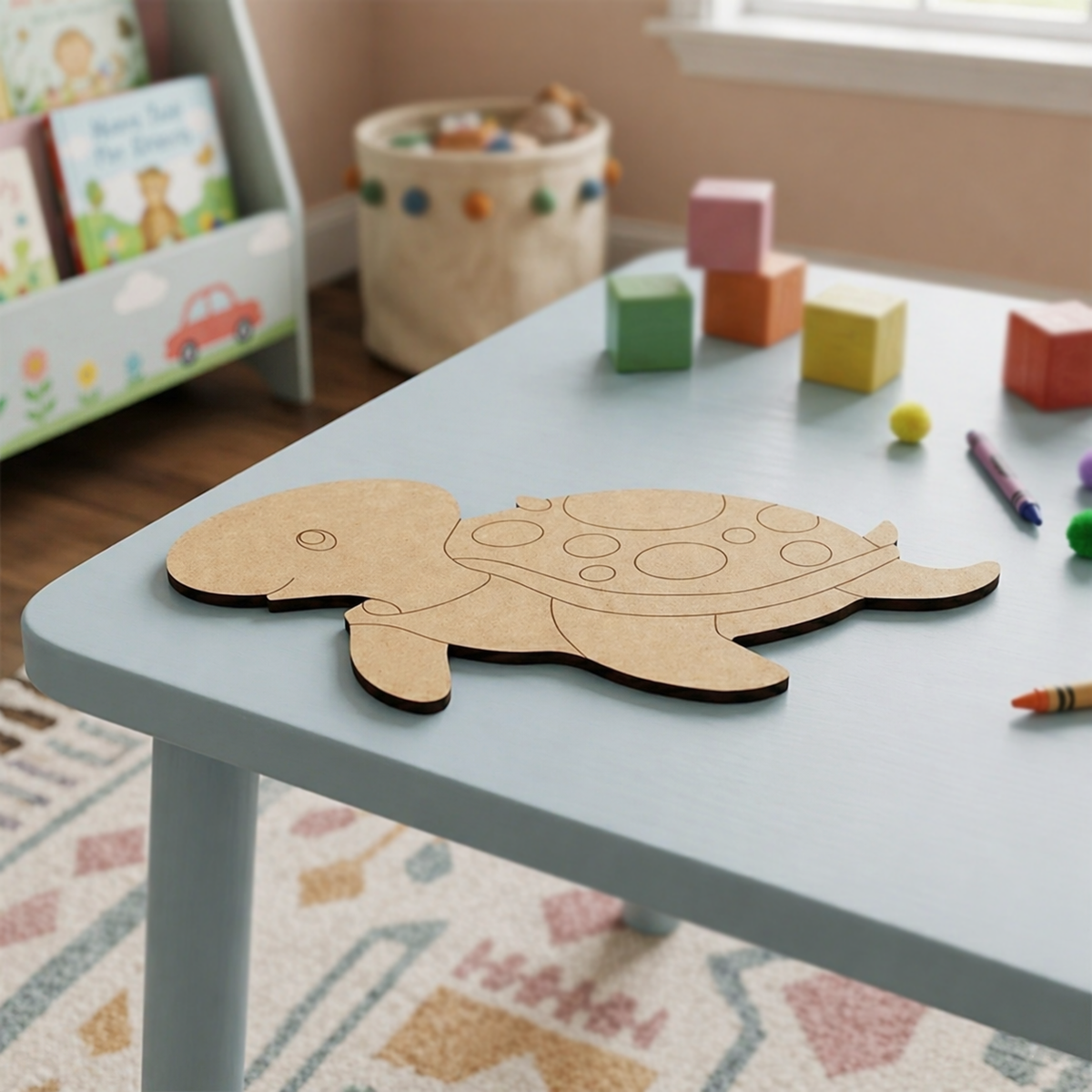 DIY MDF  turtle puzzle on a children's table with toys in the background