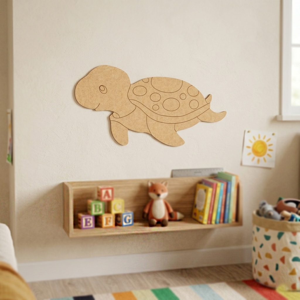 DIY MDF  turtle wall decoration in a child's room with books and toys on a shelf.