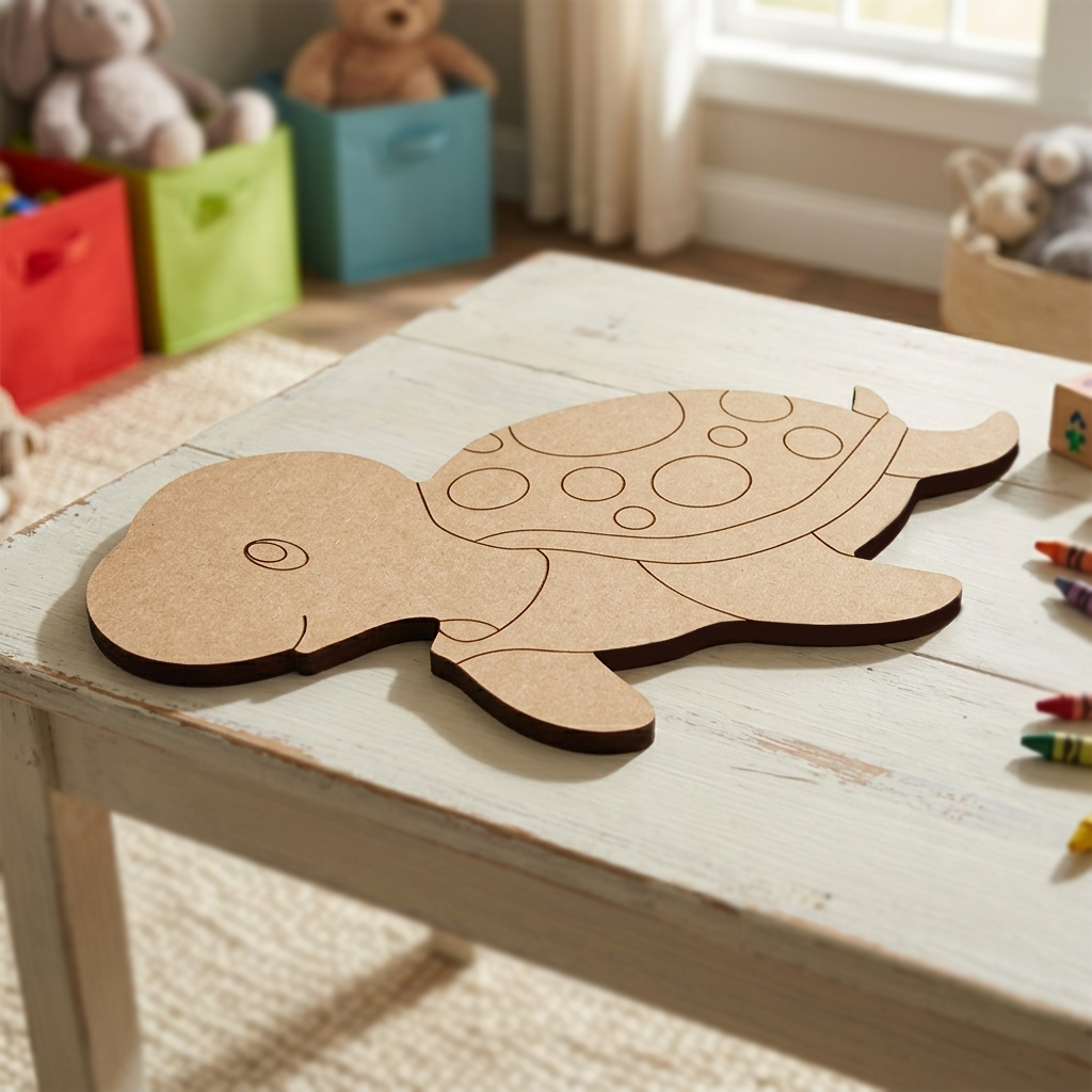 DIY MDF  turtle puzzle on a wooden table with colorful storage boxes in the background