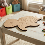 DIY MDF  turtle puzzle on a wooden table with colorful storage boxes in the background