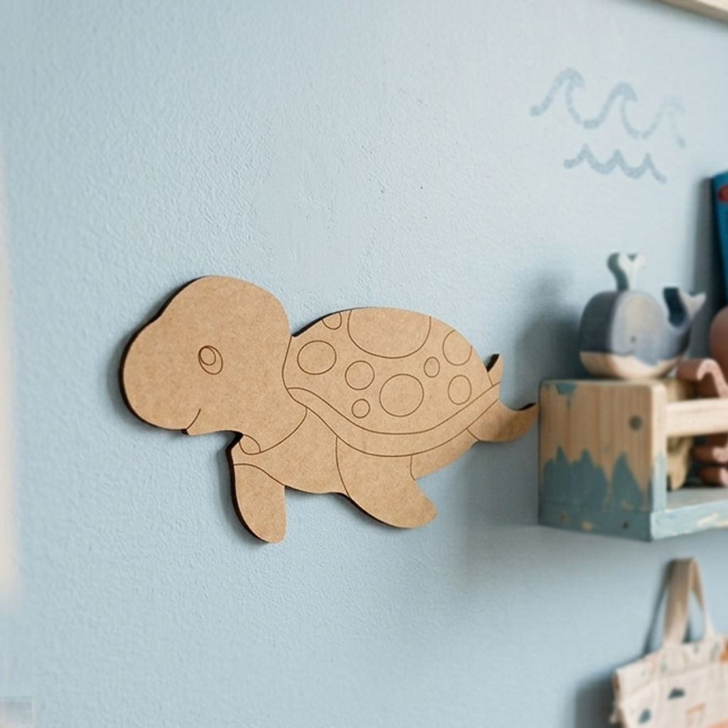DIY MDF  turtle decoration on a light blue wall with toys in the background