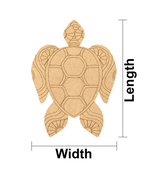 DIY MDF  turtle cutout with measurements labeled for length and width on a white background