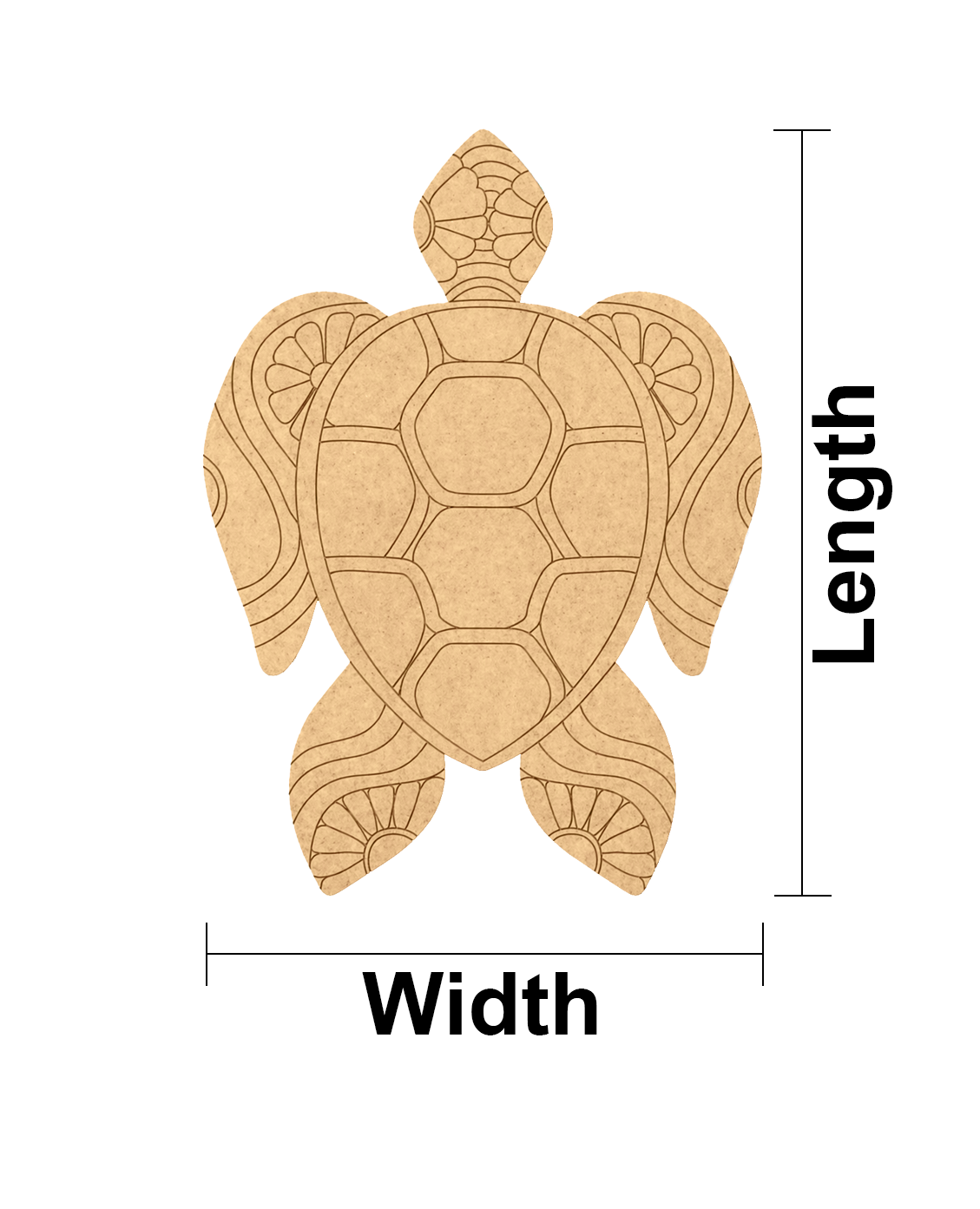 DIY MDF  turtle cutout with measurements labeled for length and width on a white background