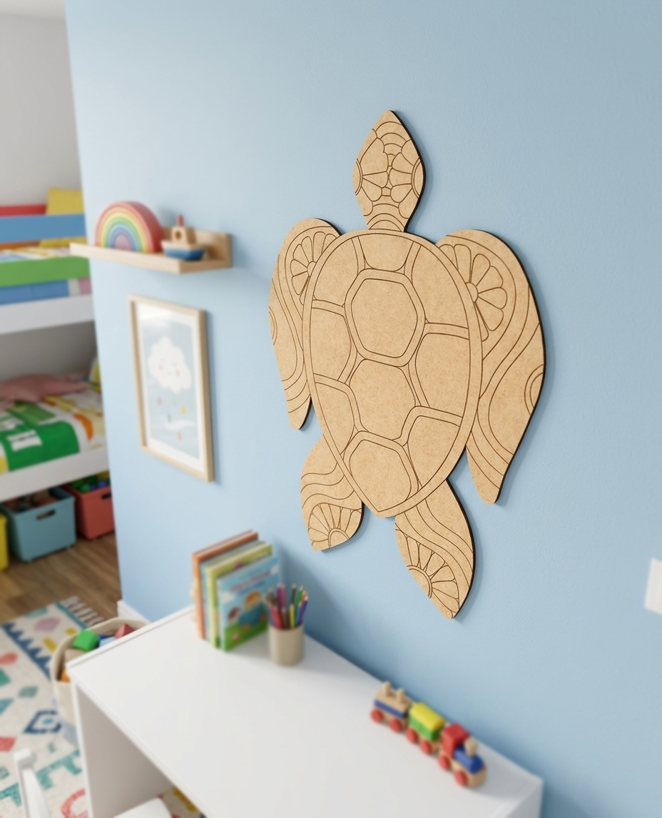 DIY MDF  turtle wall decoration in a child's room with toys and books.