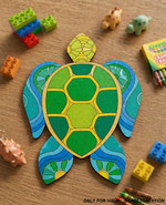 Colorful  DIY MDF  turtle cutout on a wooden surface with toys around