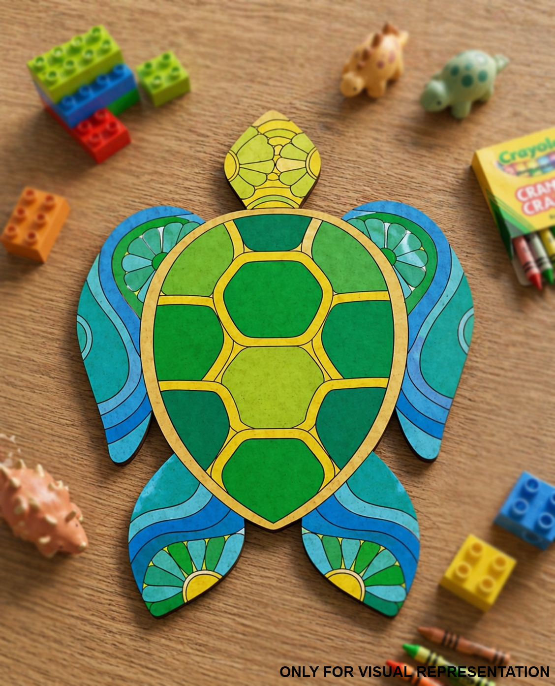 Colorful  DIY MDF  turtle cutout on a wooden surface with toys around