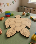 DIY MDF  turtle template on a table with children's toys in a playroom setting