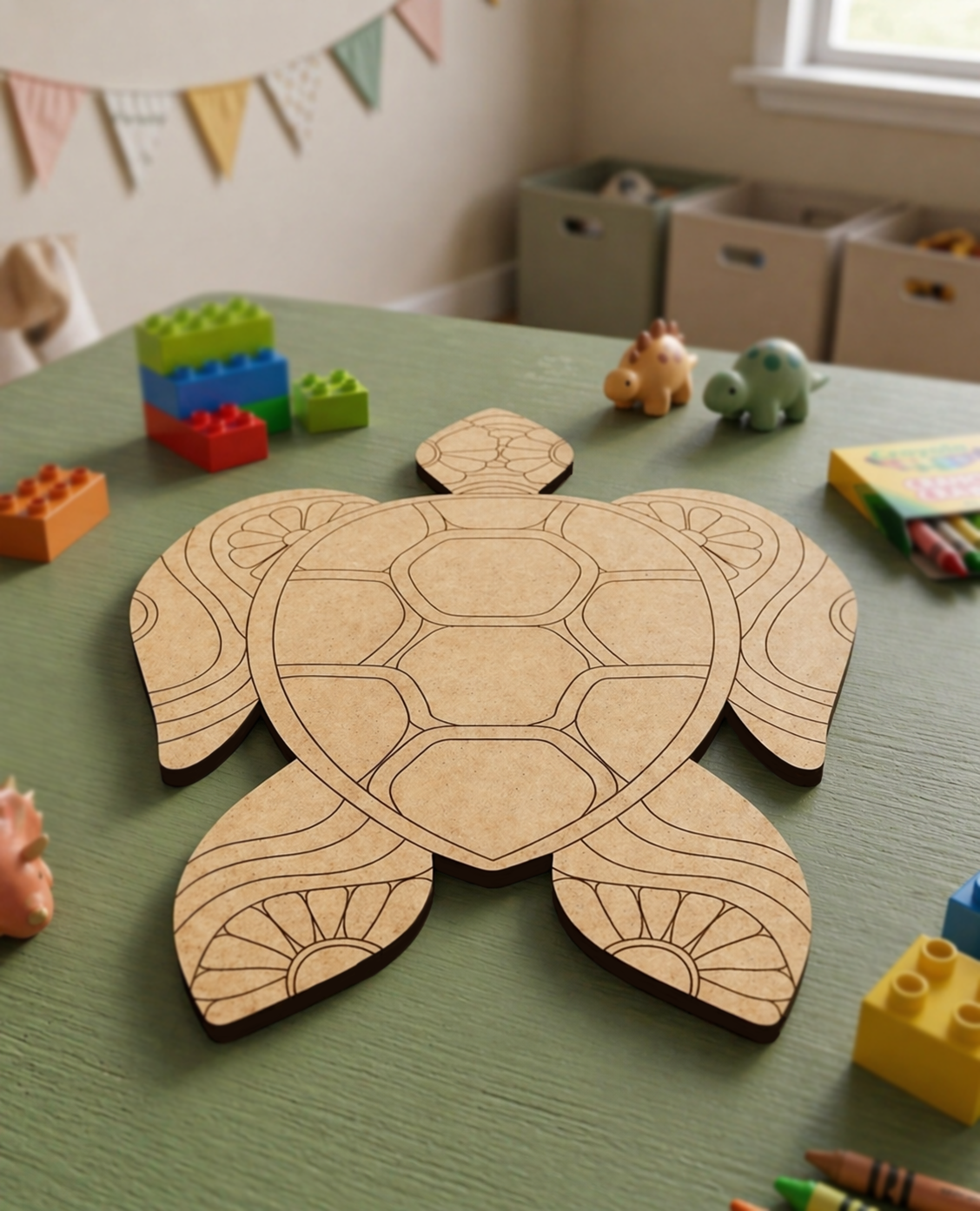 DIY MDF  turtle template on a table with children's toys in a playroom setting