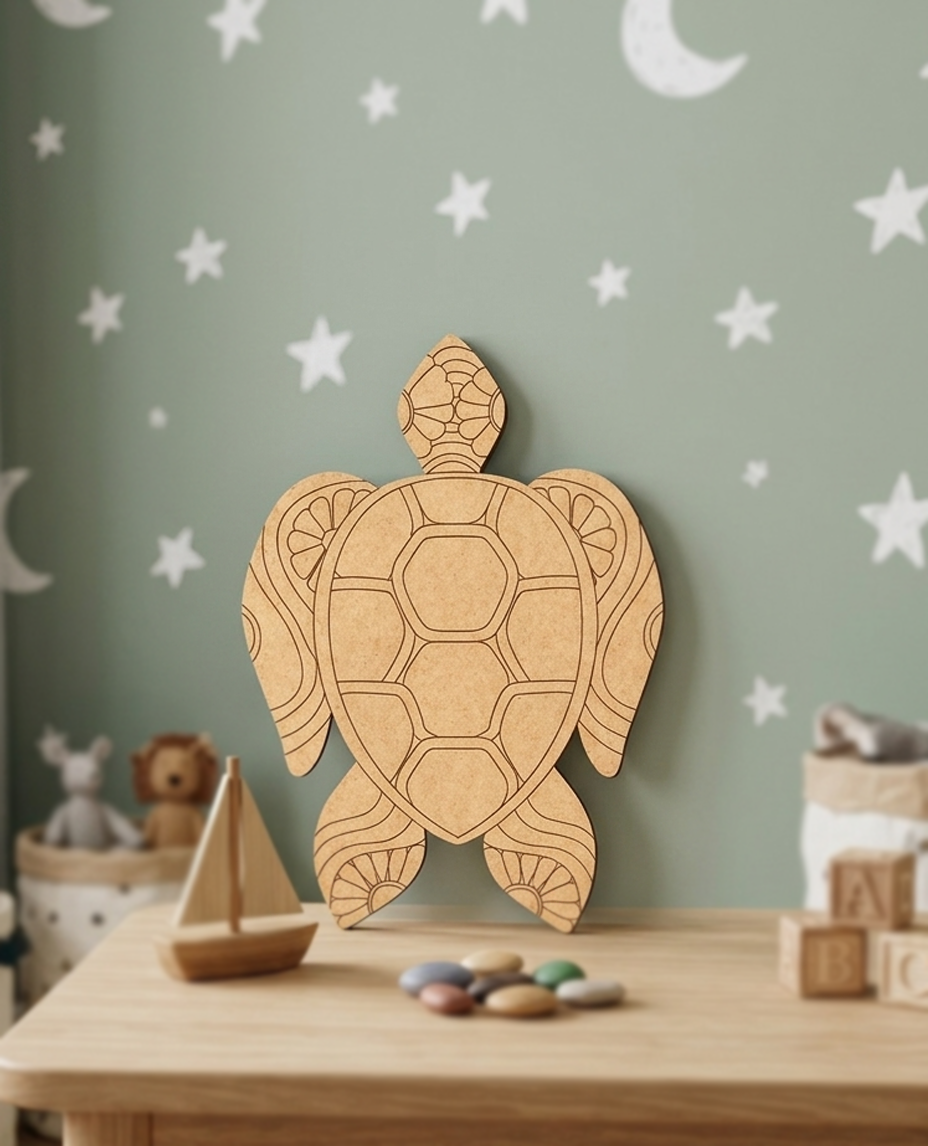 DIY MDF  turtle decoration on a table with a star-patterned wall in the background