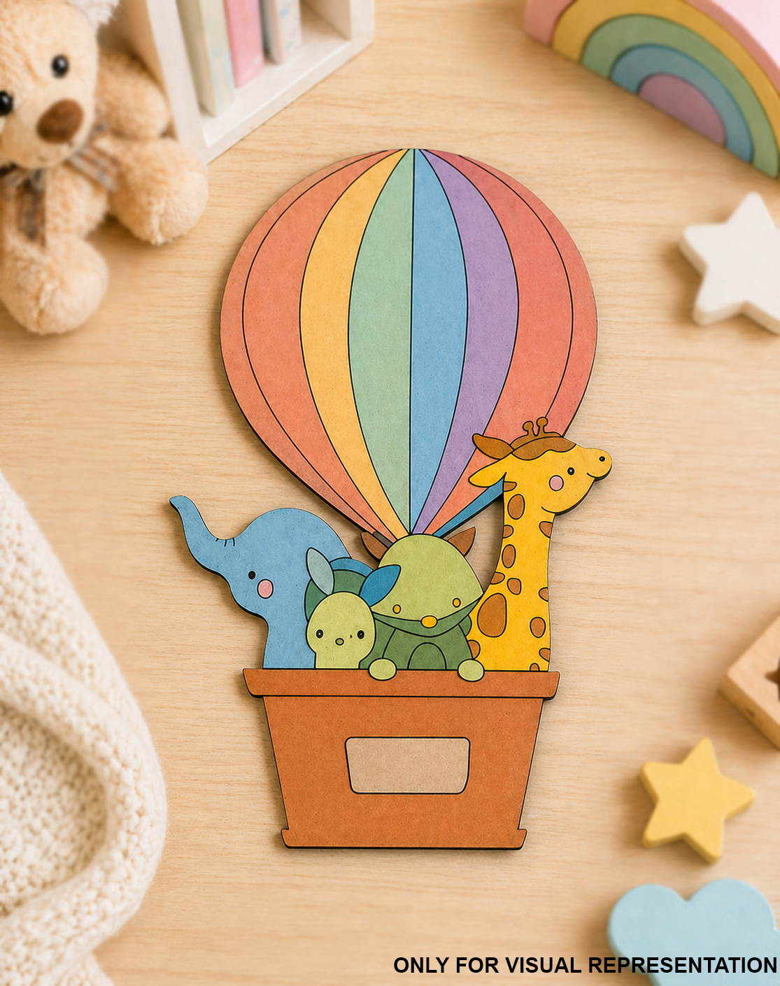 MDF DIY Colorful hot air balloon with animals on a wooden surface with toys around.