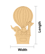 MDF DIY  cutout of a hot air balloon with animals and measurements on a white background