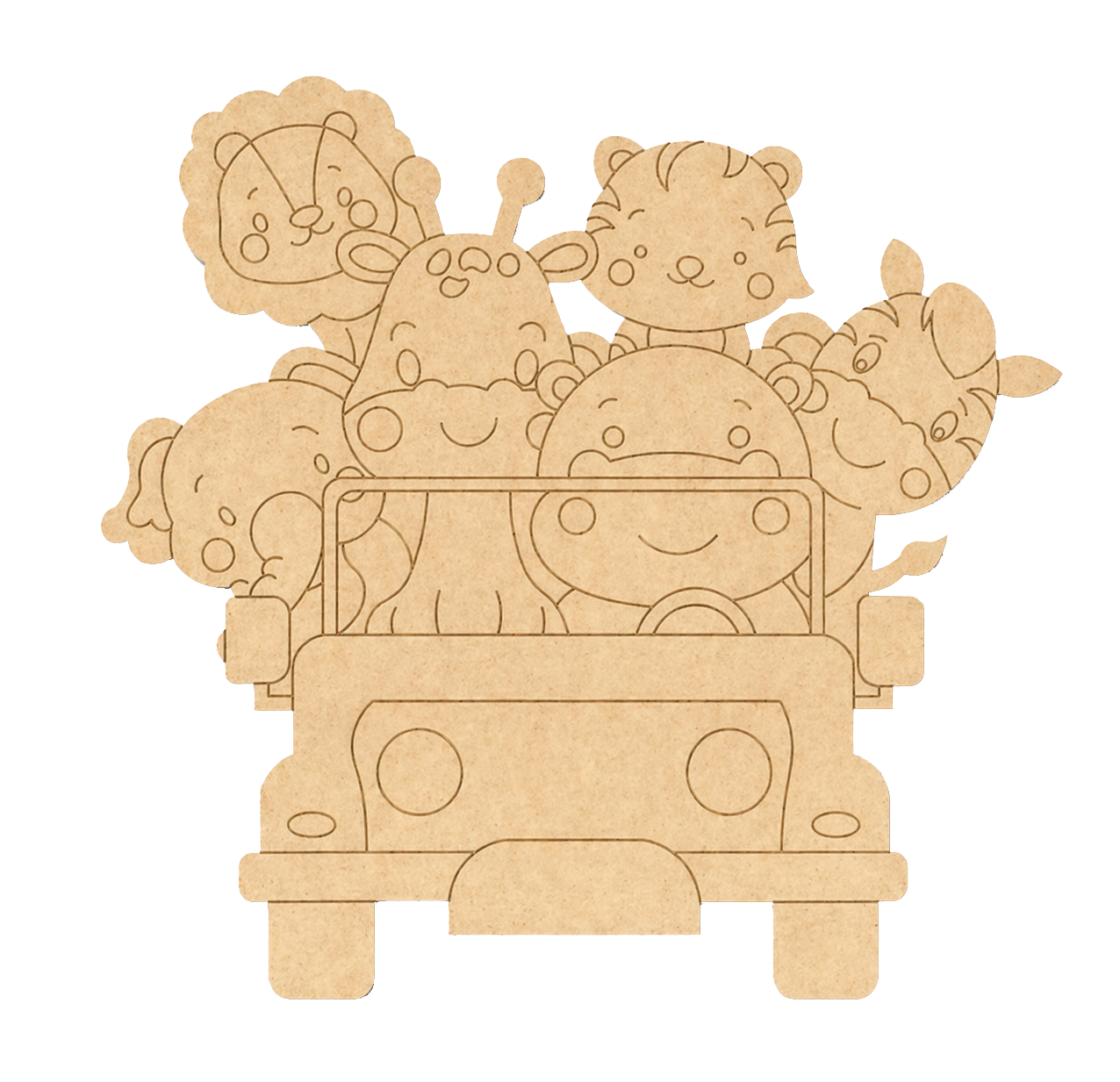 MDF DIY  cutout of a car with animal characters on a white background