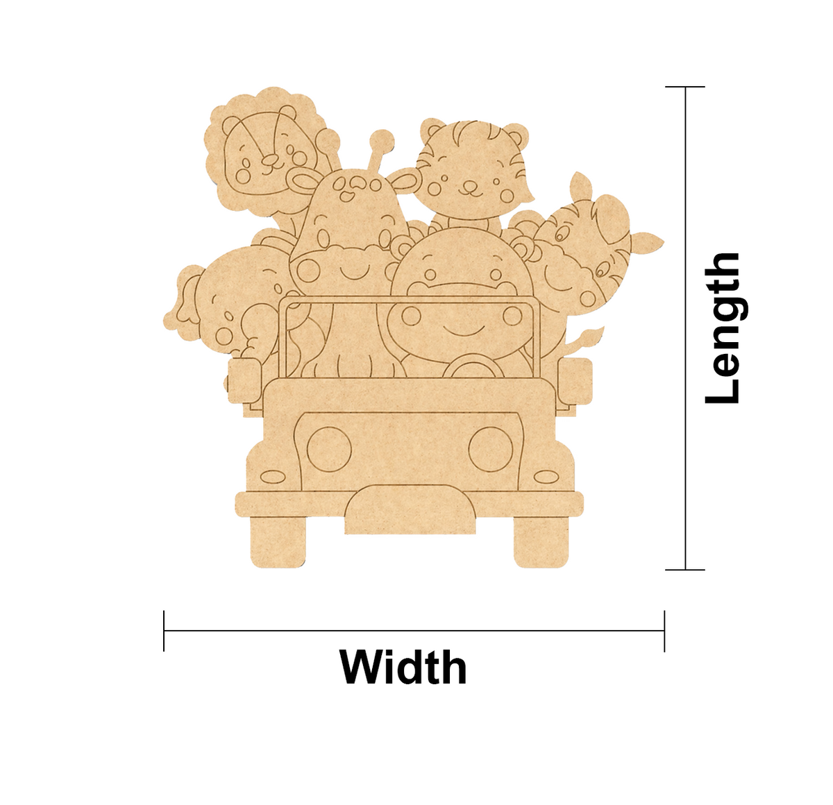 MDF DIY  cutout of a car with animals on a white background, showing measurements for length and width.
