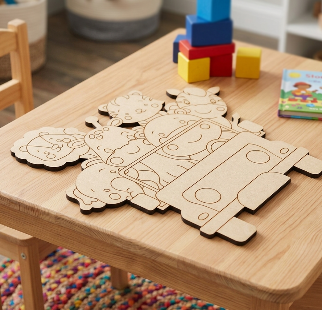 MDF DIY  cutout of a animals on a wooden table with colorful blocks in the background