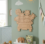 MDF DIY  wall decoration of animals in a car on a green wall with a sun and cloud.