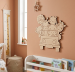 MDF DIY  wall decoration of a car with animals in a child's room.