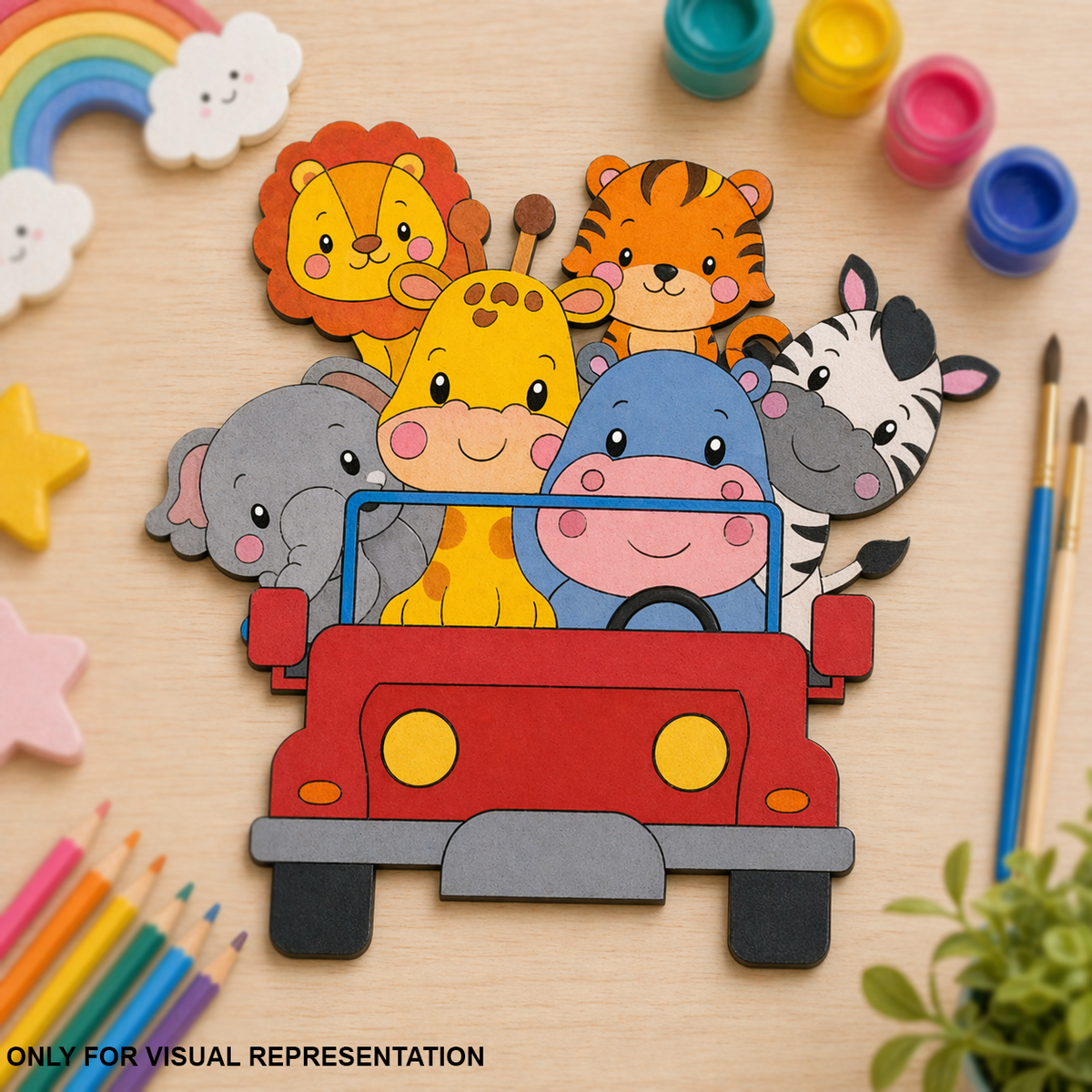 Colorful MDF DIY animal cutouts in a car with art supplies on a wooden surface