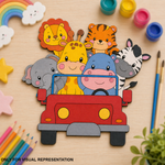 Colorful MDF DIY animal cutouts in a car with art supplies on a wooden surface