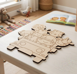 MDF DIY  cutout of a robot on a table with toys and a book in the background