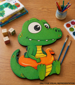 MDF DIY Children's craft project with a green dinosaur and orange duck on a wooden table.