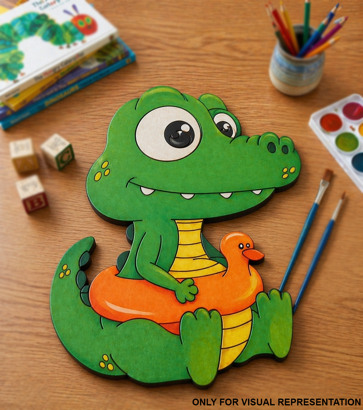 MDF DIY Children's craft project with a green dinosaur and orange duck on a wooden table.