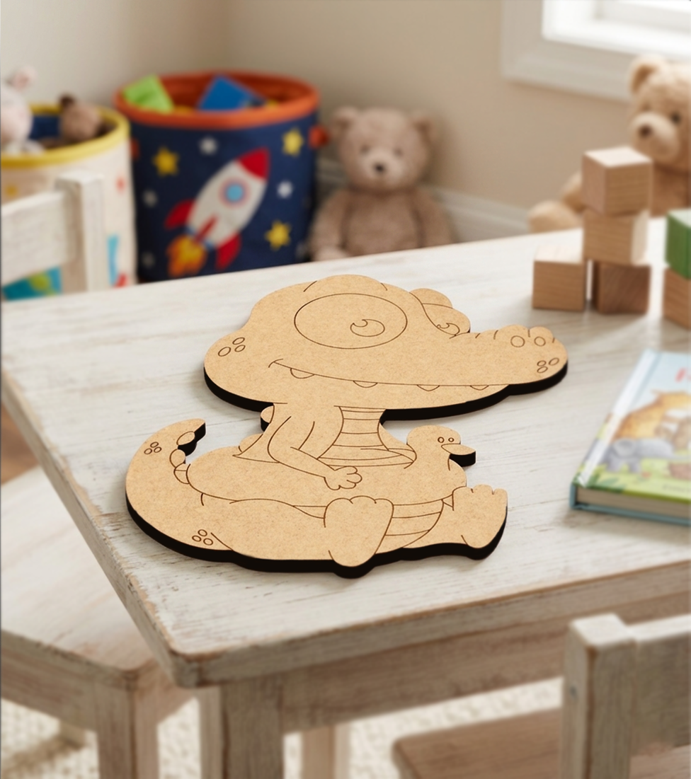 MDF DIY cutout of a child with a teddy bear on a table in a child's room.