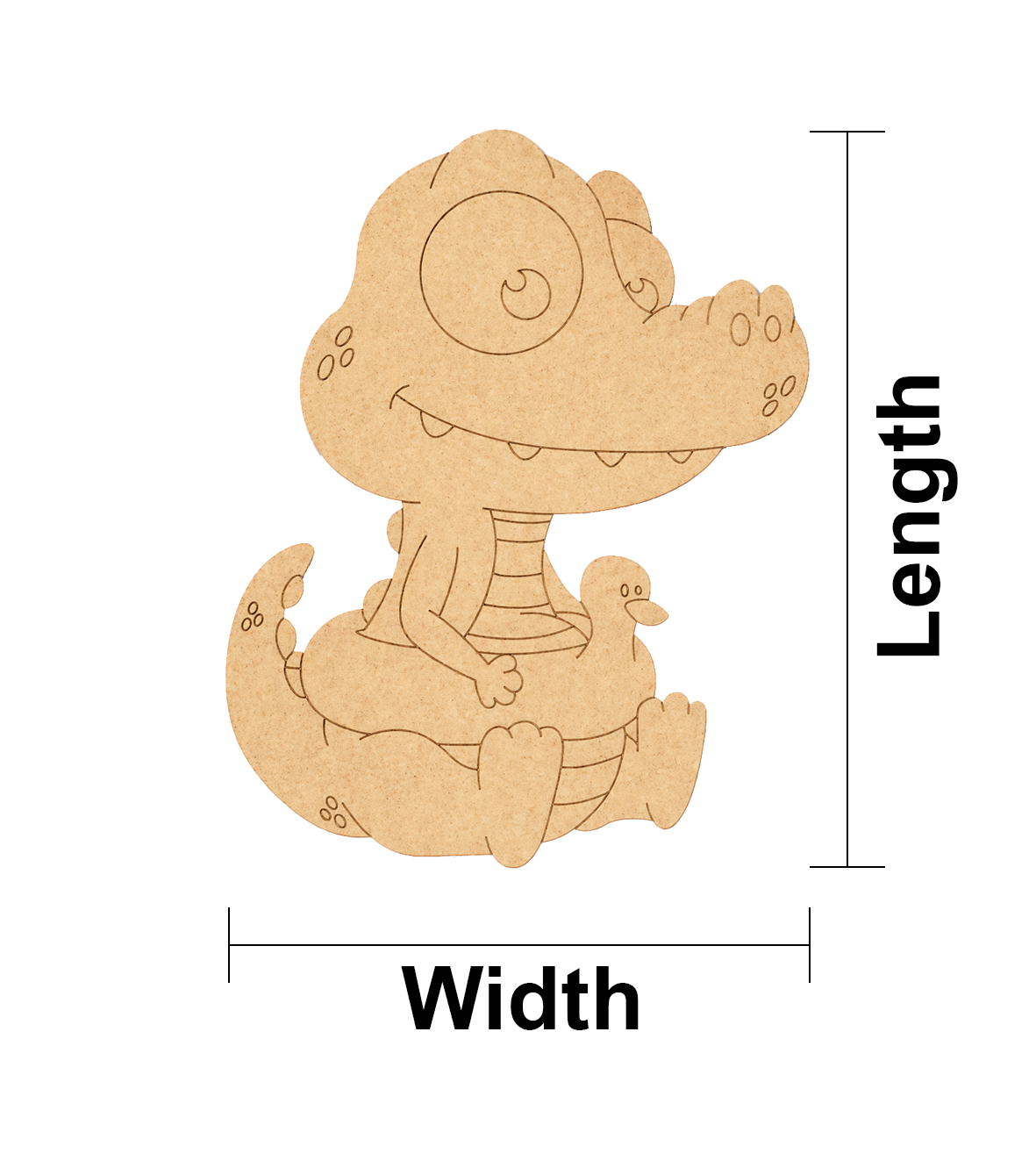 MDF DIY  cutout of a cartoon alligator with measurements labeled on a white background