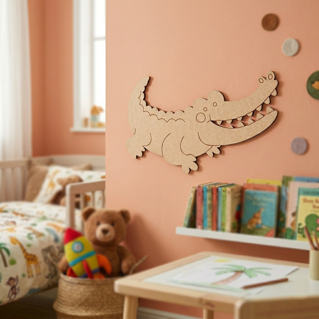 Children's room with a MDF DIY  alligator wall decoration, teddy bear, and books.