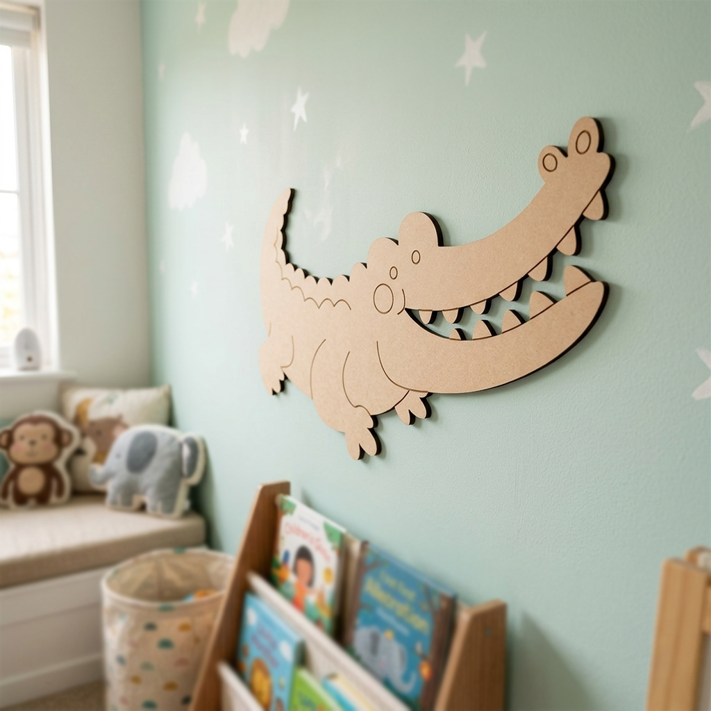 MDF DIY  alligator wall decoration in a child's room with books and toys.