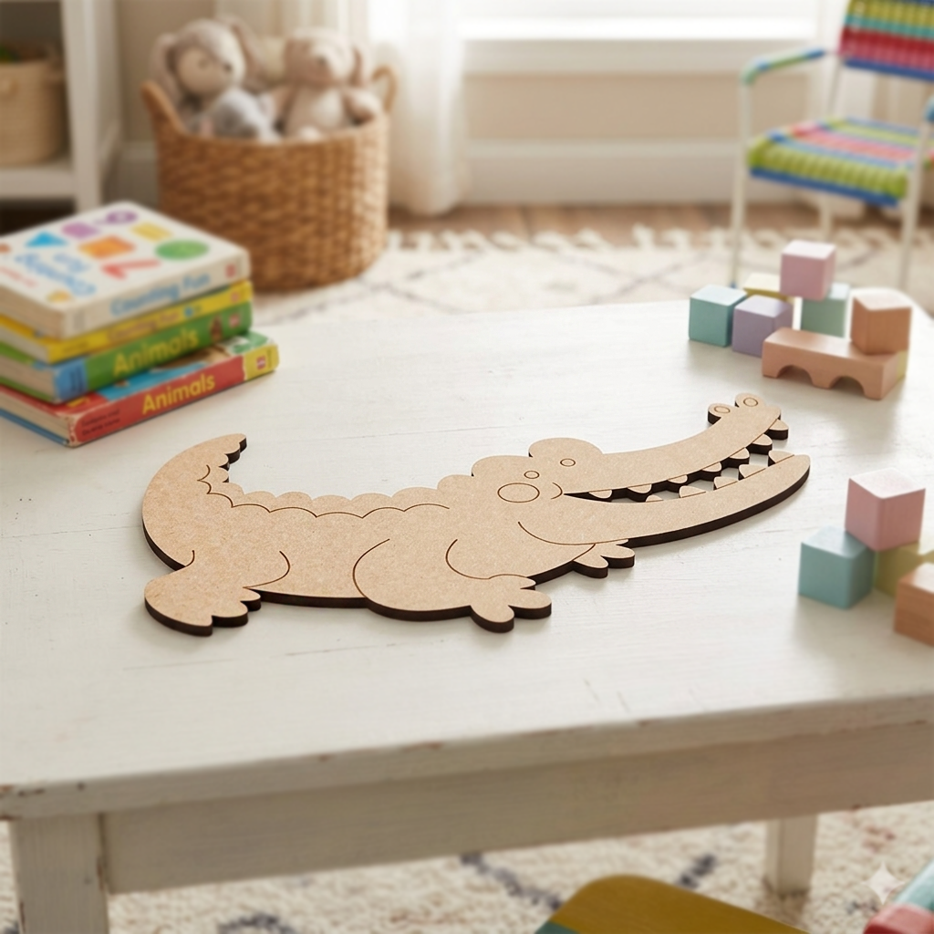 MDF DIY  alligator cutout on a table with children's books and blocks in a room.
