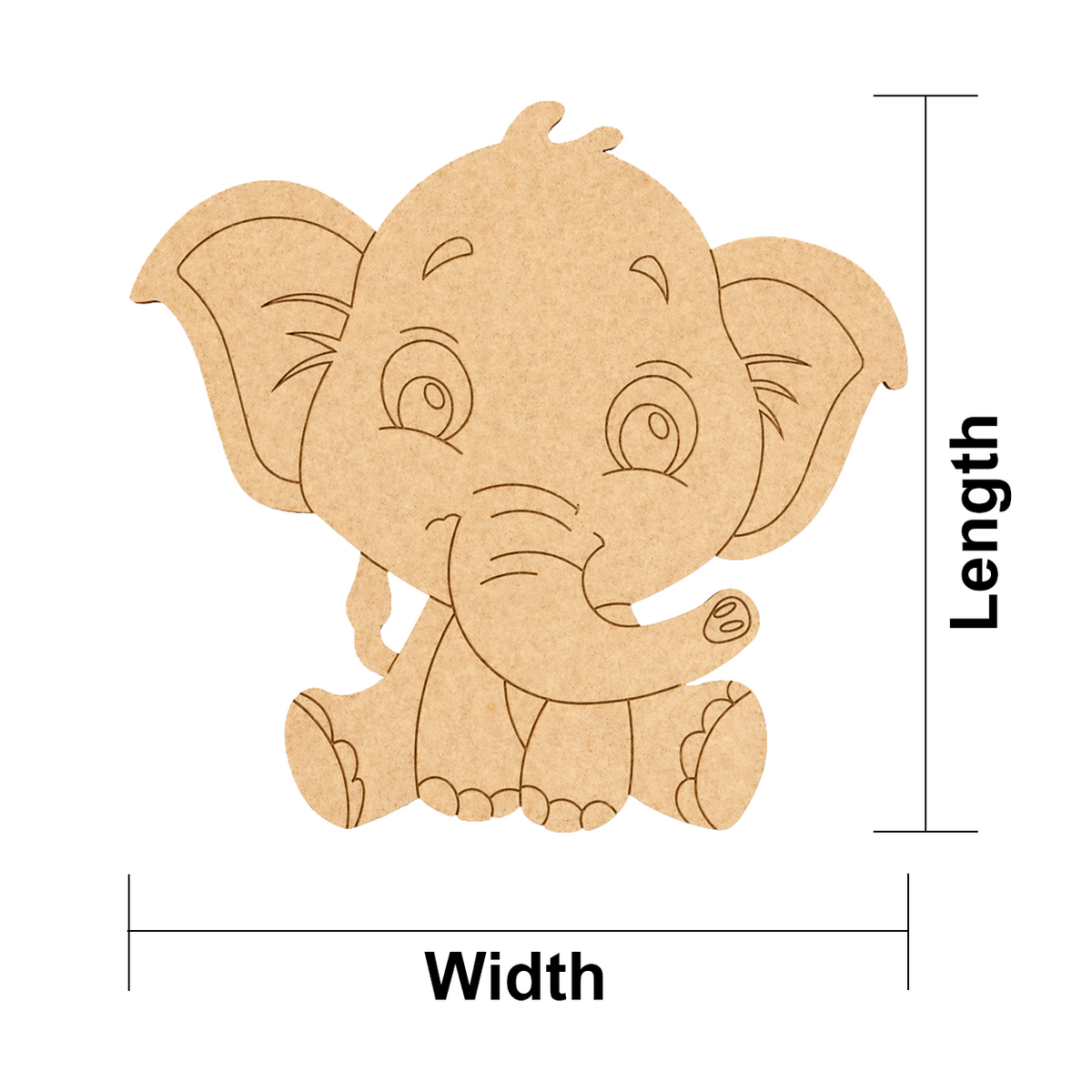 MDF DIY  elephant cutout with measurements on a white background