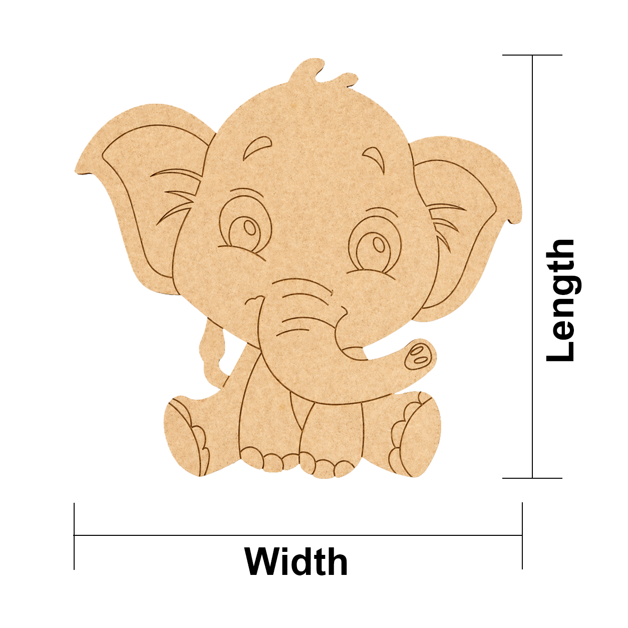 MDF DIY  elephant cutout with measurements on a white background